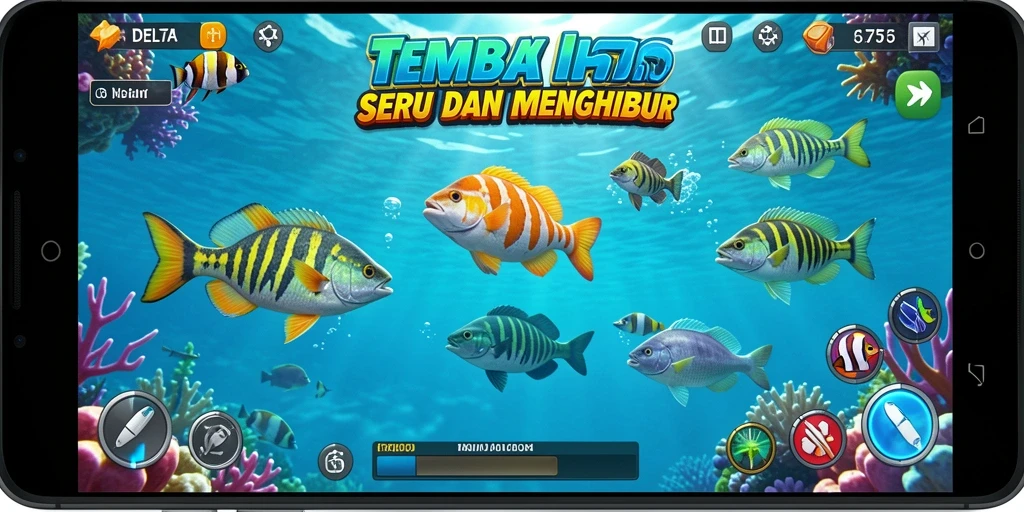 Screenshot gameplay seru DELTA575 saat menembak ikan.