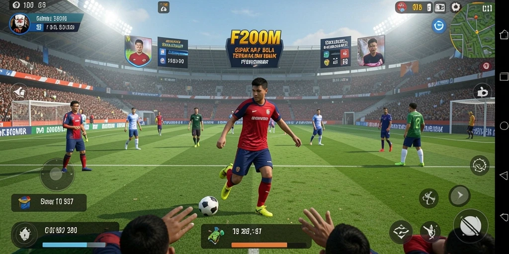 Tampilan gameplay F200M yang mendebarkan dan penuh aksi sepak bola.