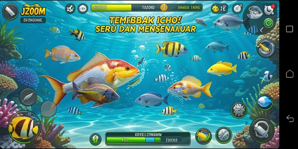 Tampilan utama gameplay J200M dengan aksi menembak ikan yang seru.