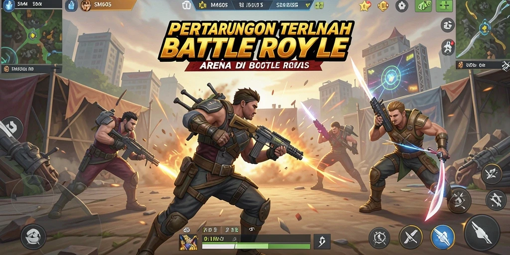 Screenshot utama SM605 menunjukkan aksi intense dalam pertarungan Battle Royale.