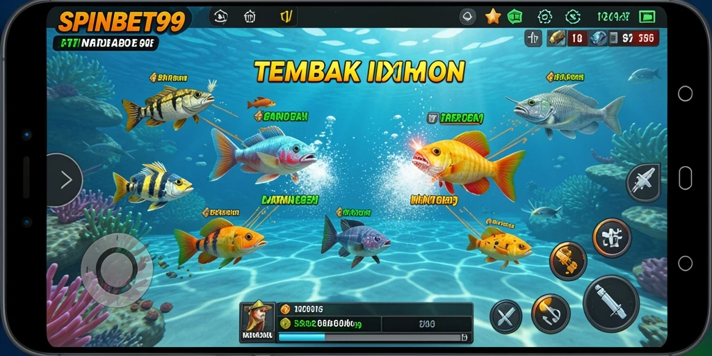 Tampilan gameplay SPINBET99 dengan aksi menembak ikan yang seru.