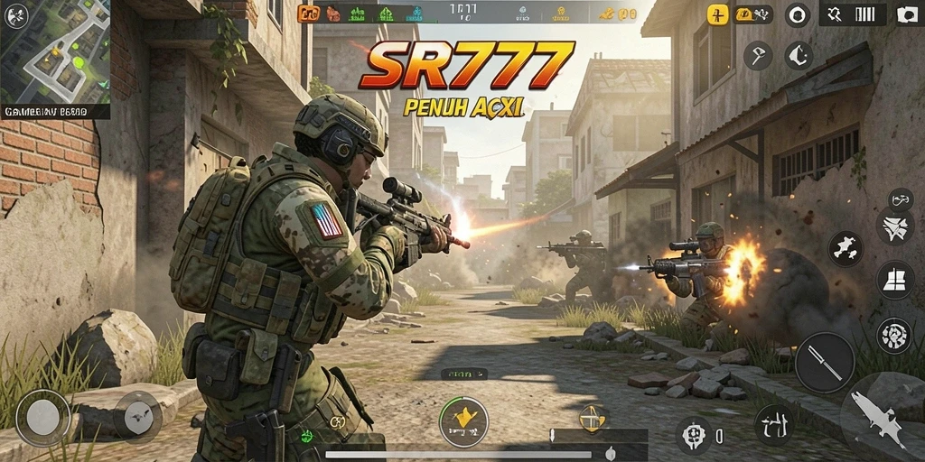 Gameplay seru dalam pertempuran FPS SR777 yang intens.