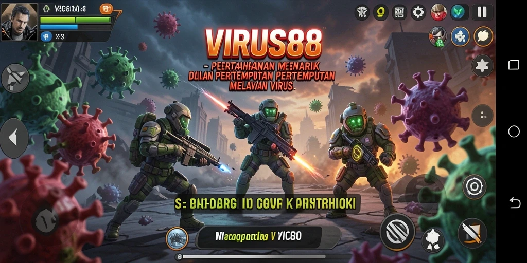 Tangkapan layar utama VIRUS88 menampilkan aksi gameplay Tower Defense yang seru.